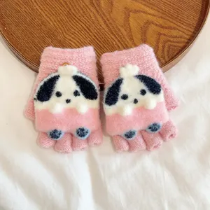Cute cartoon puppy knitted half-finger gloves for kids winter warmth and daily writing use.