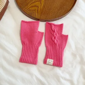 Women winter cable knit fingerless gloves pink warm cute hand warmers detail view