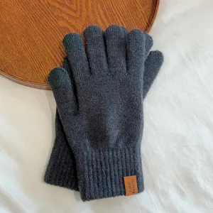 Detail view of men winter knit warm gloves solid color touch screen thermal gear.