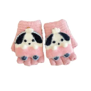 Cute cartoon puppy knit half-finger flip-over warm gloves for kids winter daily wear