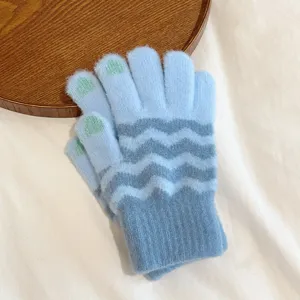Soft knit touchscreen gloves featuring wave stripes and cute paw details for cozy winter wear.