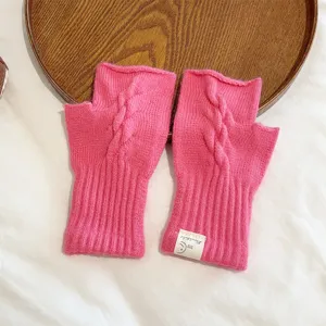 Women winter warm cable knit fingerless gloves solid color pink fashion knitted mittens
