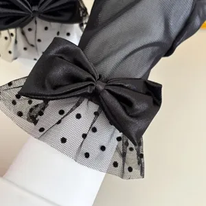 Black sheer mesh polka dot gloves with elegant satin bow ruffle lace for summer wear.