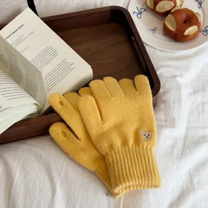 Knit touch screen gloves with cute bear embroidery, cozy winter warm winter accessory details.