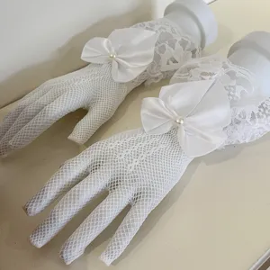 White lace fishnet gloves for women, featuring satin bow and pearl decoration, delicate design.