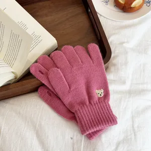 Korean style dopamine solid color knitted touchscreen gloves with cute bear embroidery.