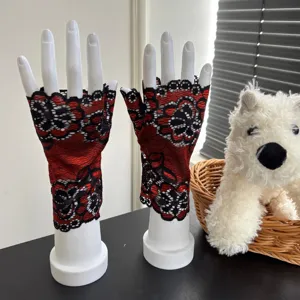 Red black lace fingerless gloves summer breathable floral dance performance arm warmers