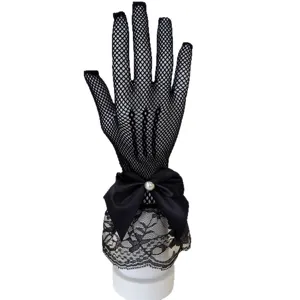 Women sexy fishnet lace bow gloves stretch hollow mesh full finger gloves for summer