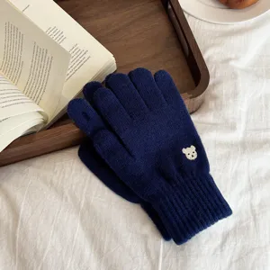 Korean style solid color knitted touch screen gloves with cute bear embroidery for winter.