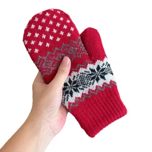 Detailed view of red winter knit mittens with classic snowflake and geometric patterns.