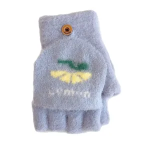 Women winter fuzzy half finger convertible gloves warm knit purple mittens with lemon pattern