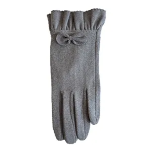 Women winter thermal velvet gloves with cute bow and ruffle wrist design grey warm full finger