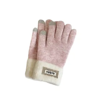 Damen Winter Strickhandschuhe Rosa Weiß Touchscreen Wärmend Outdoor Detailansicht