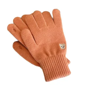 Cute bear embroidered knit touch screen gloves in orange winter warm knitwear main display