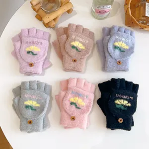 Women Winter Warm Woolen Half Finger Flip Top Gloves Cute Lemon Embroidery Casual Outdoor Mittens