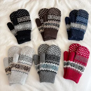 Winter Warm Knit Mittens Thickened Fleece Lined Snowflake Pattern Windproof Couple Gloves For Cold Weather
