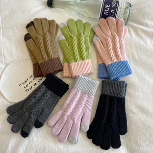 Detailansicht von Damen Herbst Winter Farblock Strick Touchscreen Handschuhen mit Zopfmuster.