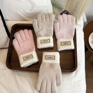 Damen Winter Strick Touchscreen Handschuhe Detailansicht, kuschelig warm beige rosa.