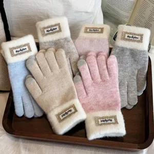 Damen Winter warme Strick Touchscreen Handschuhe verdickte farbblockierte Fäustlinge