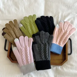 Damen Winter dicke Strick Handschuhe Touchscreen farbblock warme Zopfmuster Detail Ansicht