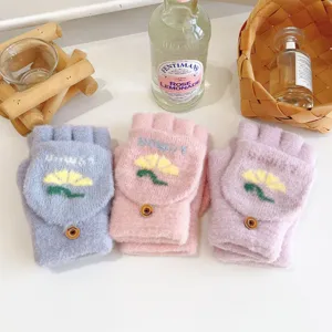 Women knit fingerless flip-top gloves winter warm thick cozy floral embroidery