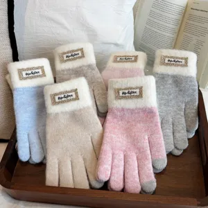 Damen Winter Warmer Strick Touchscreen Handschuhe Kontrastfarbe Falsch Alpaka Samt Voller Finger Kälteschutz Handschuhe