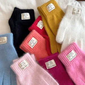 Women autumn winter thick warm knit touchscreen gloves colorful solid cute winter cold proof gear