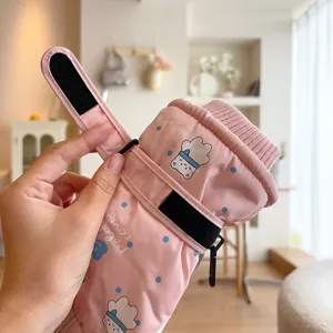 Cute windproof ski gloves detail, thick plush thermal design with polka dots and touch screen.