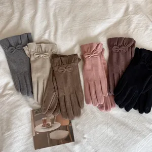Women's winter thermal fleece-lined gloves with cute bow and lace trim, multi-color set.