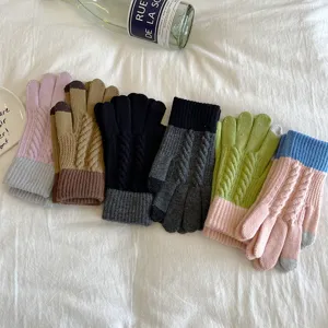 Damen Winter Touchscreen Strickhandschuhe Zopfmuster thermisch warme Farbblock Handschuhe