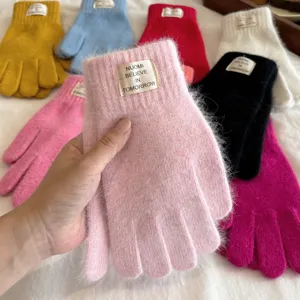 Cozy plush knit gloves winter warm touchscreen mittens stylish English label multi color