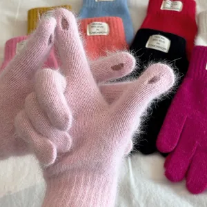 Korean style rabbit hair touch screen winter gloves for women with cozy plush and stylish label.