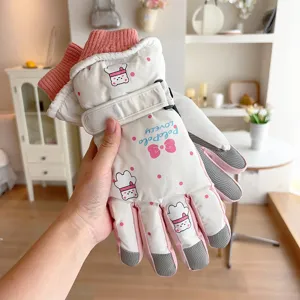 Cute student windproof ski gloves, thick plush warm full finger winter gloves for outdoor sports