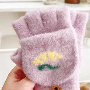 Cozy knit half-finger convertible gloves featuring a cute floral pattern, warm winter fleece detail.