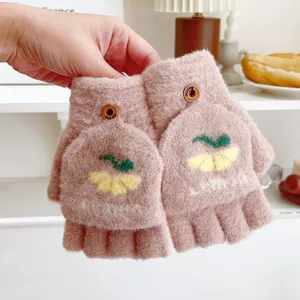 Women winter warm convertible fingerless gloves with cute fruit embroidery and buttons.