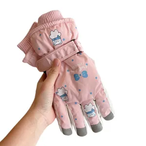 Cute pink windproof ski gloves for students, fleece lined thickened winter outdoor sports mittens.
