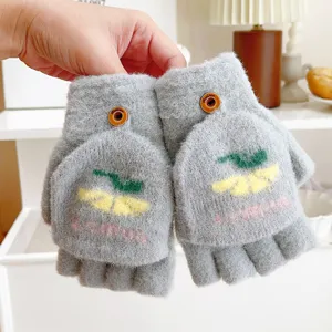 Gray knit half-finger flip gloves with cute lemon pattern, warm winter wool winter gear.