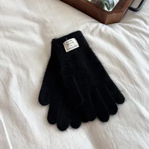 Black rabbit hair warm winter gloves for women, fleece-lined soft knitted touchscreen gloves.