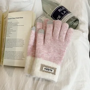 Damen Winter rosa Strick Handschuhe Touchscreen Farbblock warm dick Outdoor Fausthandschuhe