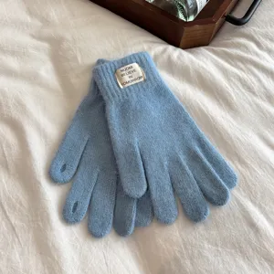 Korean style rabbit hair winter touch screen gloves, solid color thickened warm gloves for women.