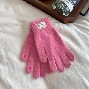 Winter warm rabbit hair touchscreen gloves for women, pink knitted fingerless style.