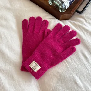 Women winter rabbit hair touch screen knit gloves detail view, stylish solid color design.