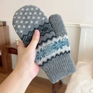 Winter thick knit mittens for couples, warm fleece-lined snow gloves for cold weather outdoor.