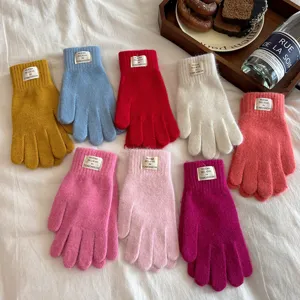 Women Winter Warm Touchscreen Gloves Rabbit Hair Blend Solid Color Knit Gloves With English Label Cold Weather Mittens