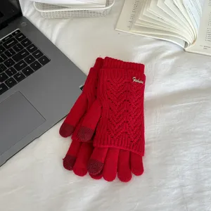 Red knit touch screen gloves for women winter warm hollow out fashion two piece set items