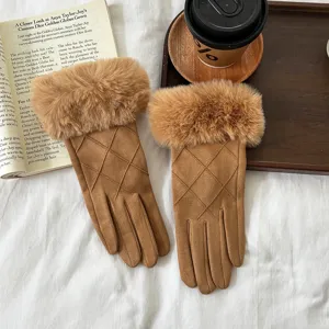 Women brown suede winter gloves with plush fur cuff and quilted design for cold weather warmth