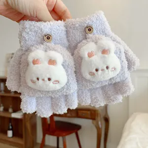 Guantes cálidos de medio dedo con solapa de felpa, bonito parche de conejo blanco.