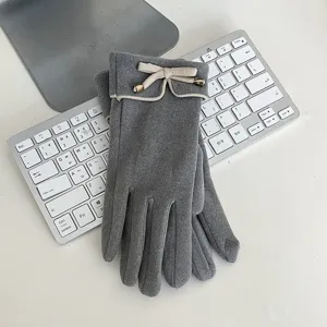 Women winter thermal touch screen gloves cozy fleece lined grey bow warm outdoor cycling