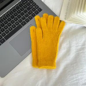 Yellow women winter warm knit gloves thick rabbit hair touch screen stylish cute mittens for cold weather