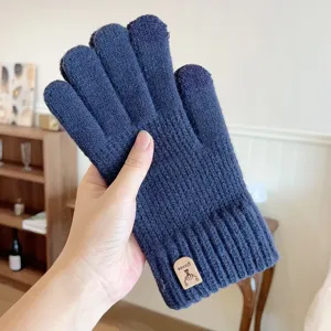 Men's winter knit touch screen gloves solid color with deer tag outdoor warm full finger